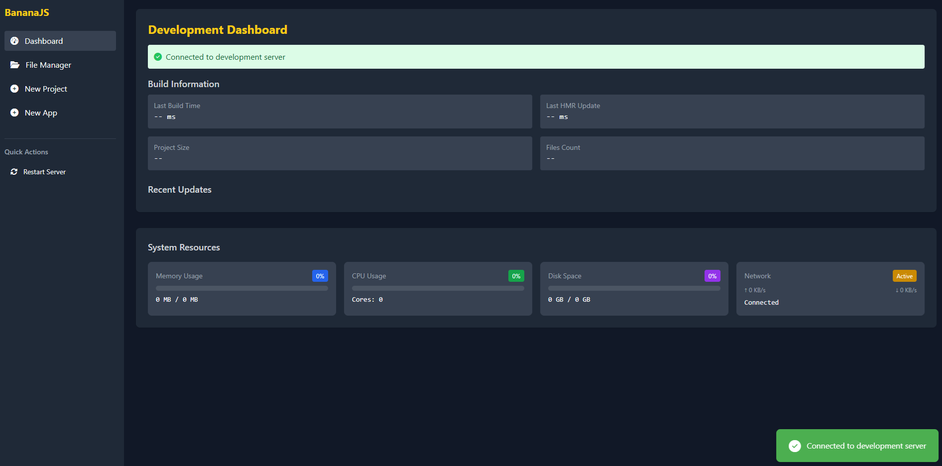 Screenshot showing BananaJS project creation interface