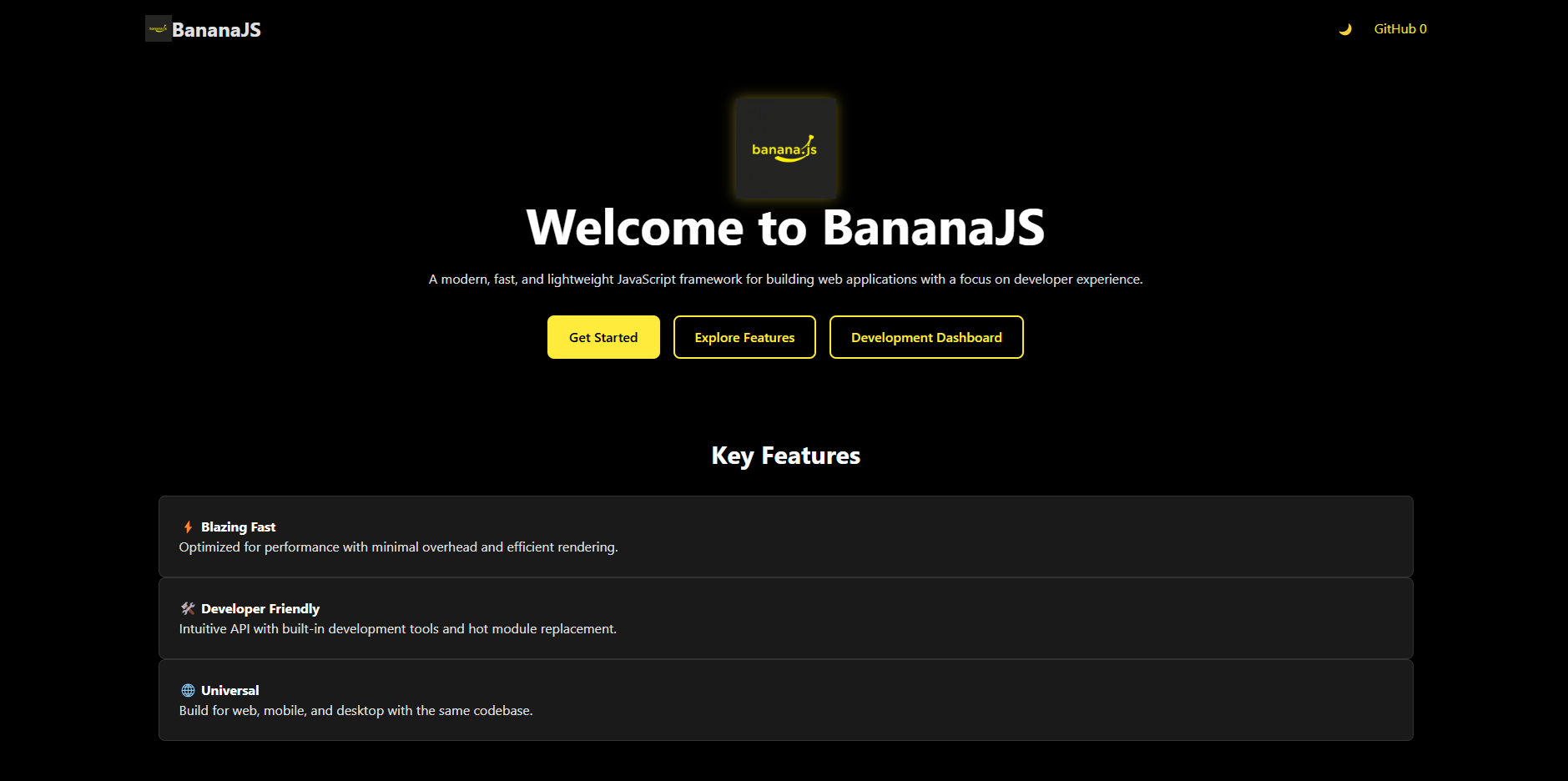 Screenshot showing BananaJS project creation interface
