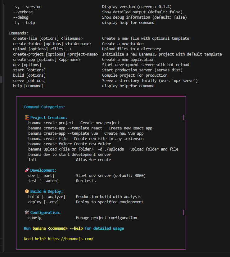 Screenshot showing BananaJS project creation interface